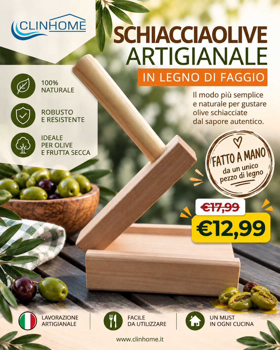 Schiaccia Olive Artigianale in Legno di Faggio
