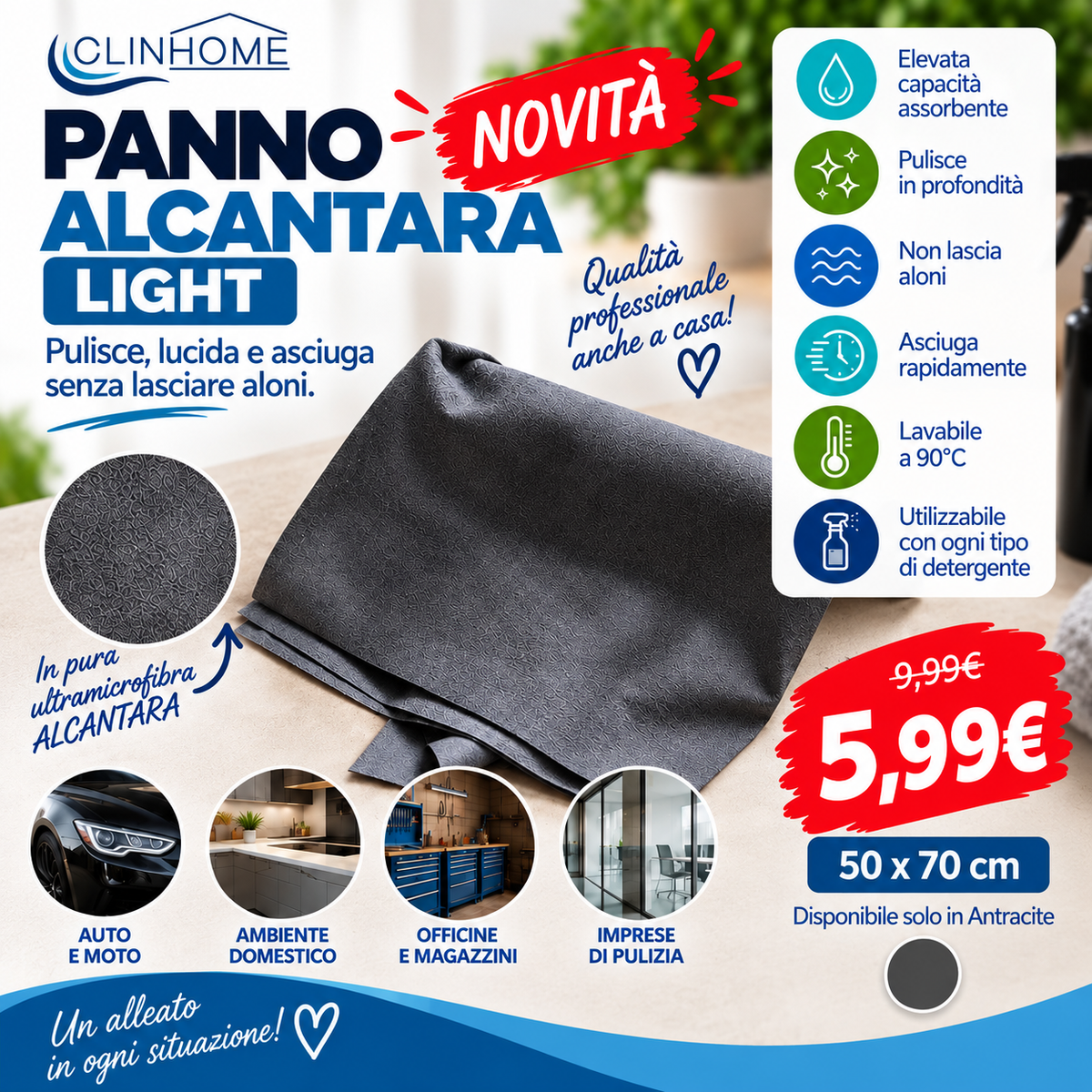 Panno Alcantara Light in Ultramicrofibra 50×70 cm – Antracite