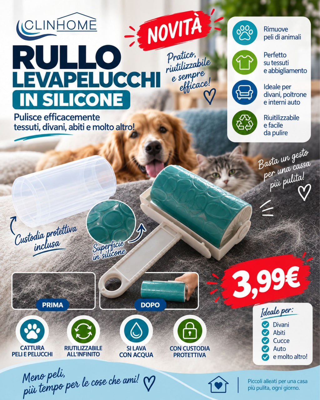 Rullo Levapelucchi in Silicone Lavabile e Riutilizzabile