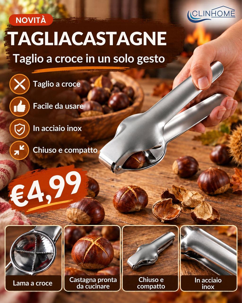 🌰 Tagliacastagne in Acciaio Inox – Taglio a Croce